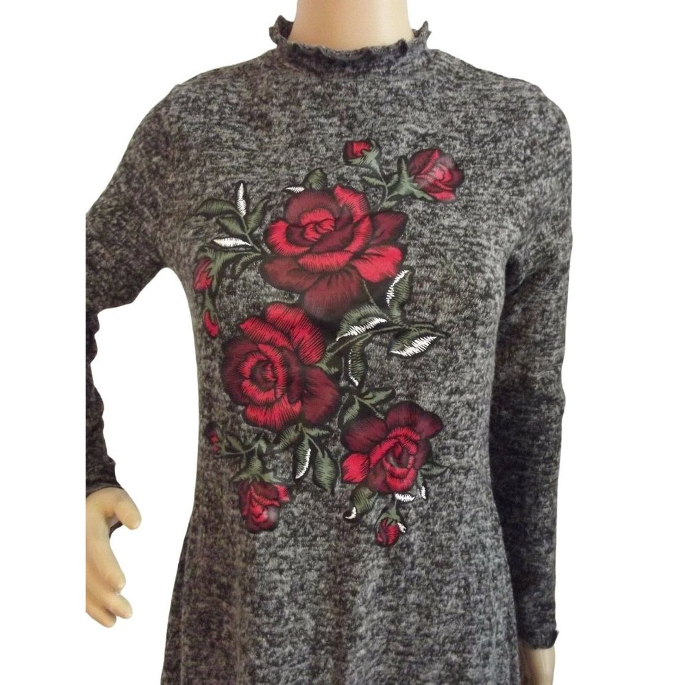 No Comment Medium Gray Black Marl Rose Flower Sweater Dress or Long Tunic m